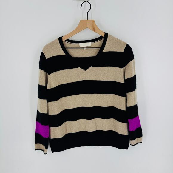 Lord & Taylor Cashmere Sweater L Black Tan Striped VNeck Purple Cuff Elbow Patch - Picture 7 of 7